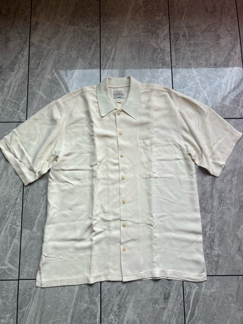 Tommy Bahama Relax Mens Ivory 100%Silk Rib Jacquard Weave S/S CampCollar Shirt M